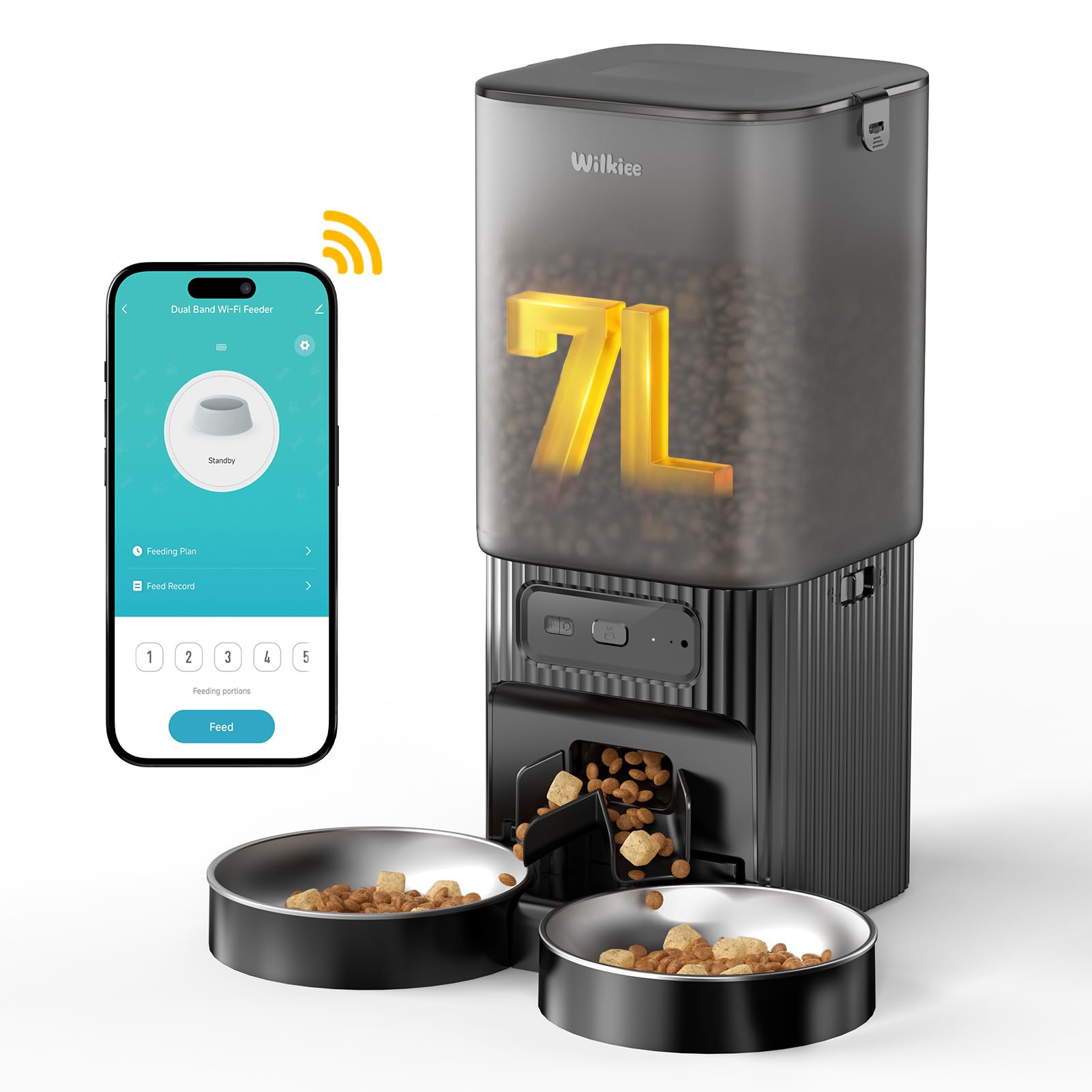 Distributeur Automatique 7L avec APP & WiFi Double-Bande pour Chats/Chiens | 2 bols, 7L, APP, WiFi 2,4G/5G, minuterie programmable, pour plusieurs chats et chiens, noir élégant
