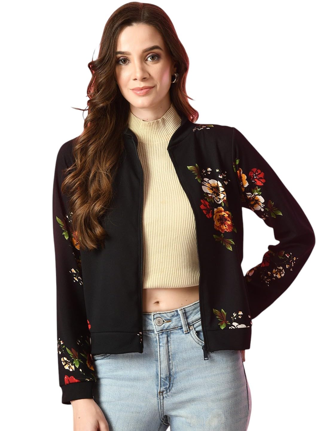 Women's Black Floral Printed Front Zip Casual Shrug Jacket