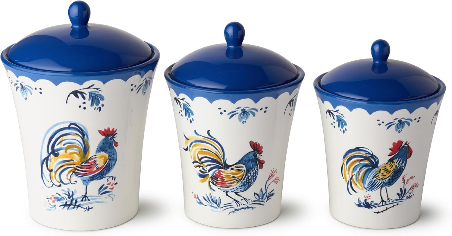French Rooster Ceramic 3‑Piece CANISTER SET, farmhouse kitchen storage jars with rooster motifs and cobalt trim, perfect for coffee, sugar, flour, baking supplies