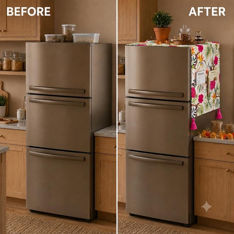 Image of WWW.THROWPILLOW.IN Fridge Top Cover for Triple Door 100-250L | Dustproof Refrigerator Cover | Corner Tassels Without Side Pockets | Floral Print | Triple Door Fridge Cover Top Mat