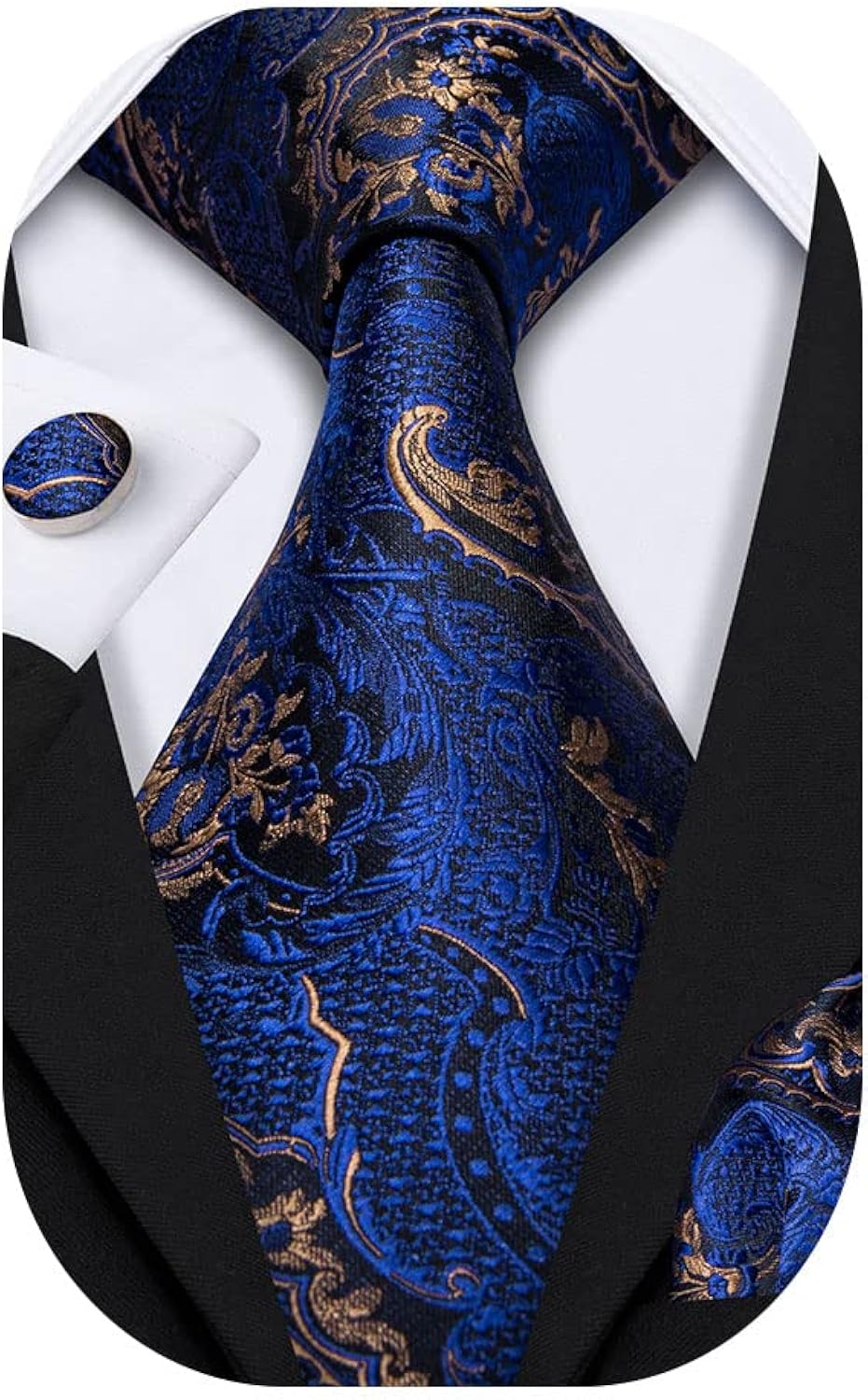 Barry.Wang Paisley Tie Fashion Set Hanky Cufflinks Neckties for Men Woven Silk A Royal Blue