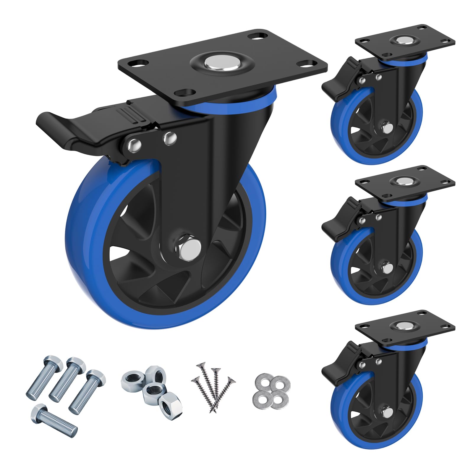 4 Inch Caster Wheels With Brake, Heavy Duty Casters Set Of 4 Swivel Top Plate Casters With Double Ball Bearings Industrial Locking Castor Wheels For Furniture Workbench Cabinetfree Hardware Kits - View #8