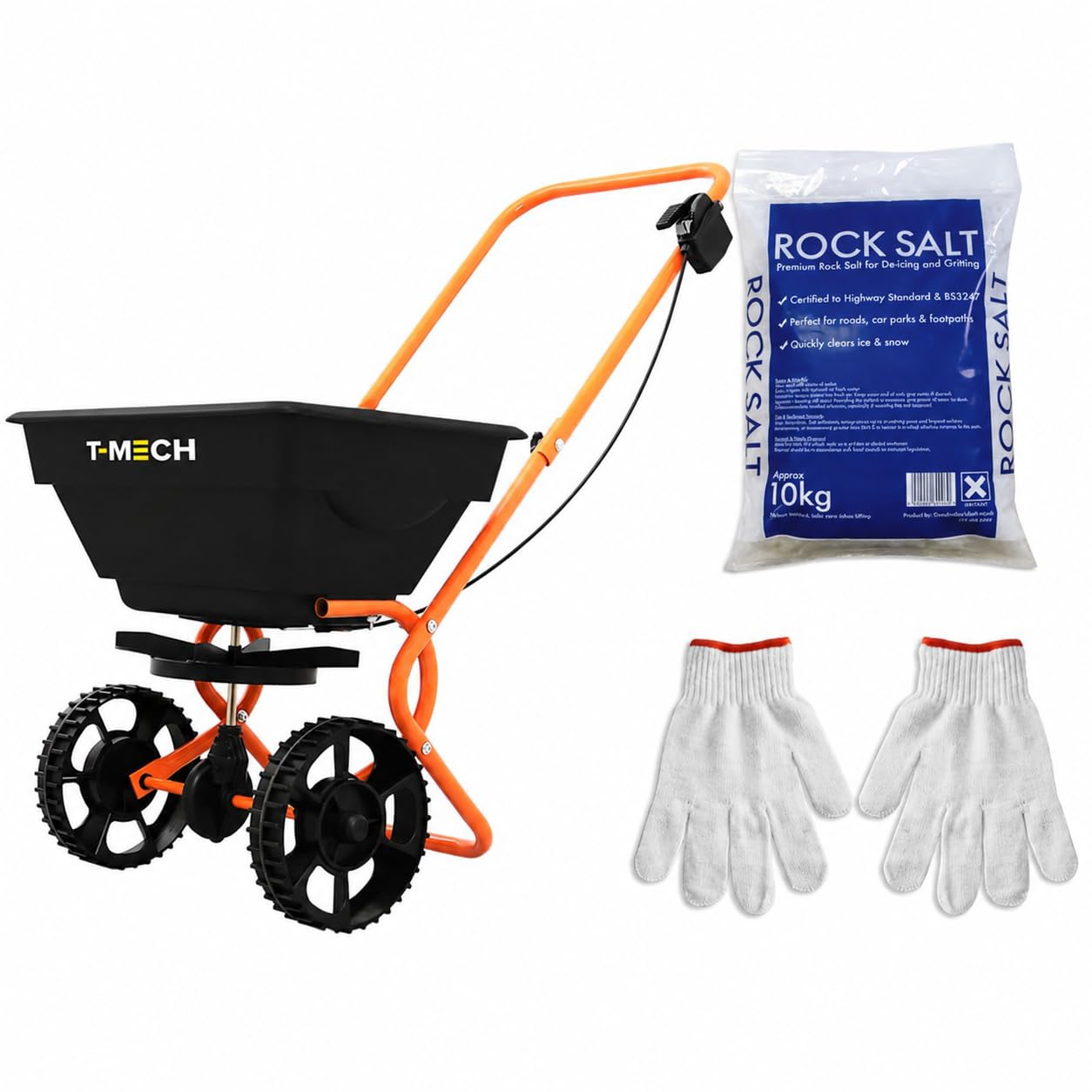 Yavolo Rotary Spreader with Gloves and 10kg Rock Salt for De-Icing Seed Fertiliser Lawn Gritter Garden Sand and Grit Variable Flow 25kg Capacity Bundle
