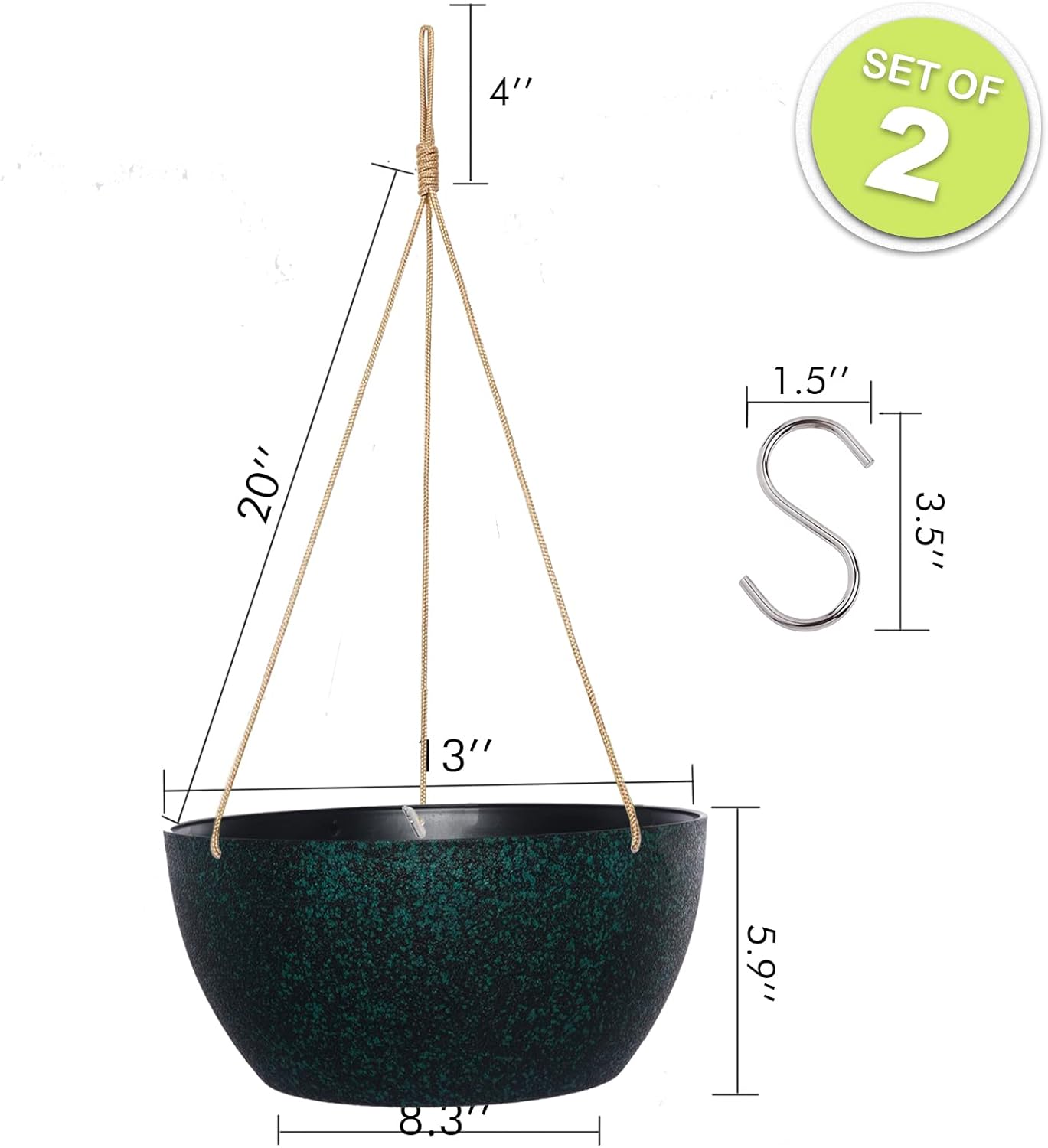 SwinDuck 13 Inch 2 Pack Large Hanging Planters for Indoor Outdoor Plants, Plastic Hanging Basket Pots for House Plants Flowers, Black Speckles