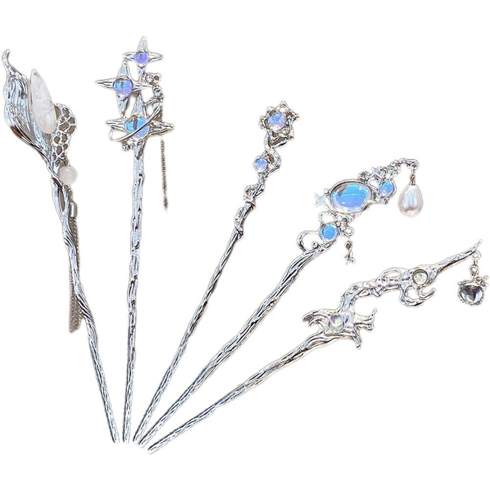 Baokuan 4pcs Star Moon Hair Sticks for Buns Long Hair Chinese Hanfu Asian Vintage Hair Chopsticks Metal Silver Hair Bun Updo Holders Long Hairpins for Women Girls
