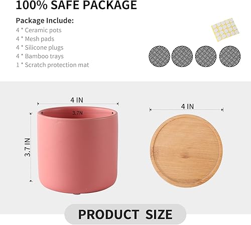 Miniatura 3 de OMAYKEY Maceta de cerámica de 4 pulgadas con platillo de bambú, macetas multicolor con orificio de drenaje y almohadillas de malla para suculentas,