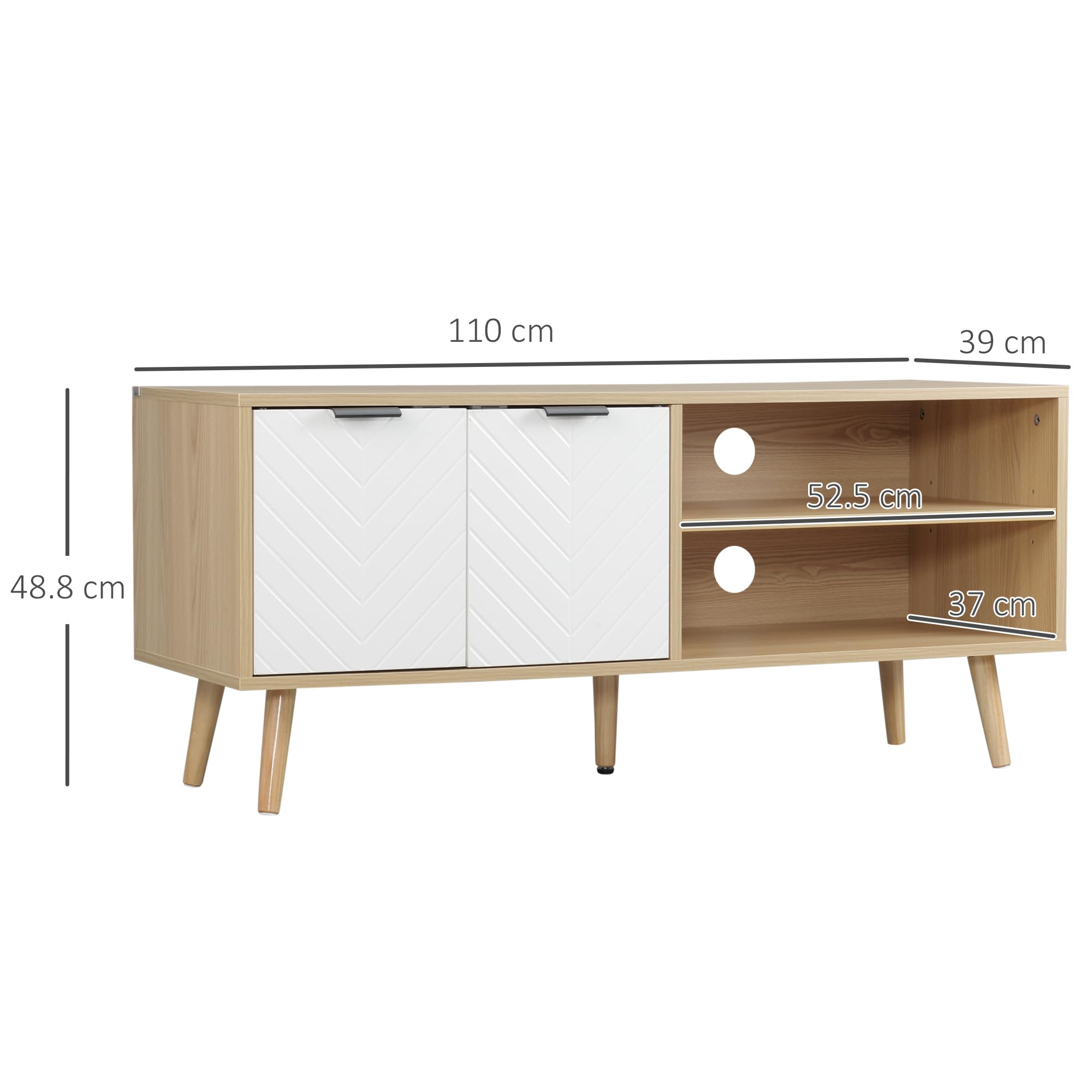HOMCOM Mobile TV 46" max in Truciolato e Legno, Mobile TV Moderno con 2 Ripiani Aperti Regolabili e Armadietto, 110x39x48.8 cm, color Legno e Bianco