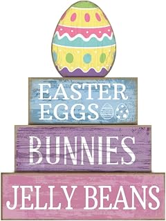 4 Pcs Easter Table Decoration Wooden Egg Happy Easter Day Tiered Tray Decor Eggs Centerpieces Decorative Colorful Egg Block Signs Gift Farmhouse for Holy Week Home Kitchen Party Decor