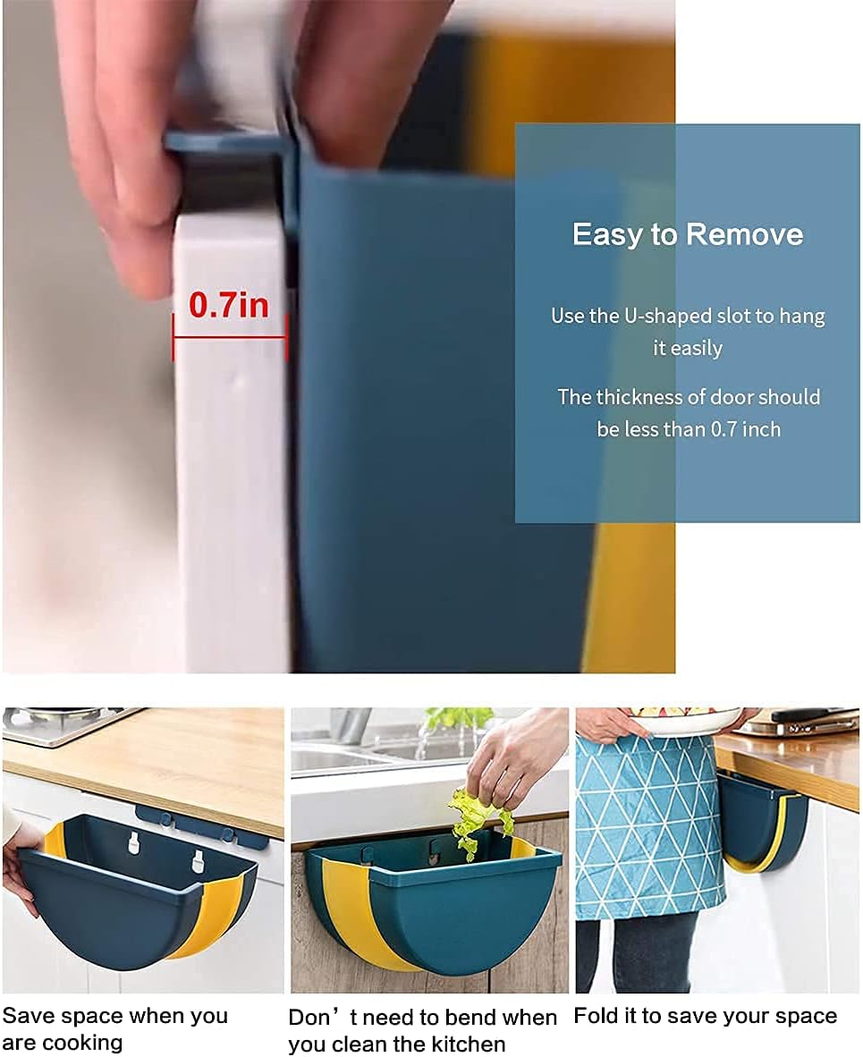 Hanging Kitchen Trash Can Wall Mounted Waste Bin Foldable Waste Bins Small Compact Garbage Can for Cabinet Kitchen Drawer Bedroom Dorm (Dark Blue)