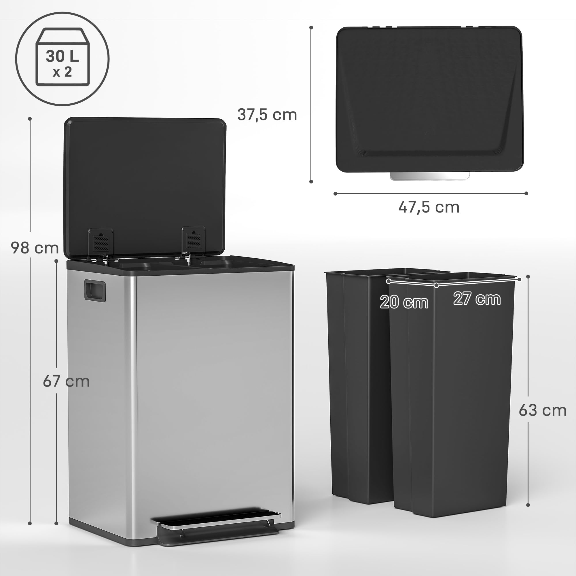 HOMCOM Poubelle à double compartiment 2 x 30L, poubelle de cuisine à pédale tri sélectif en acier inoxydable, seaux intérieurs, couvercle à fermeture douce et maintien en ouverture, poignées, argent