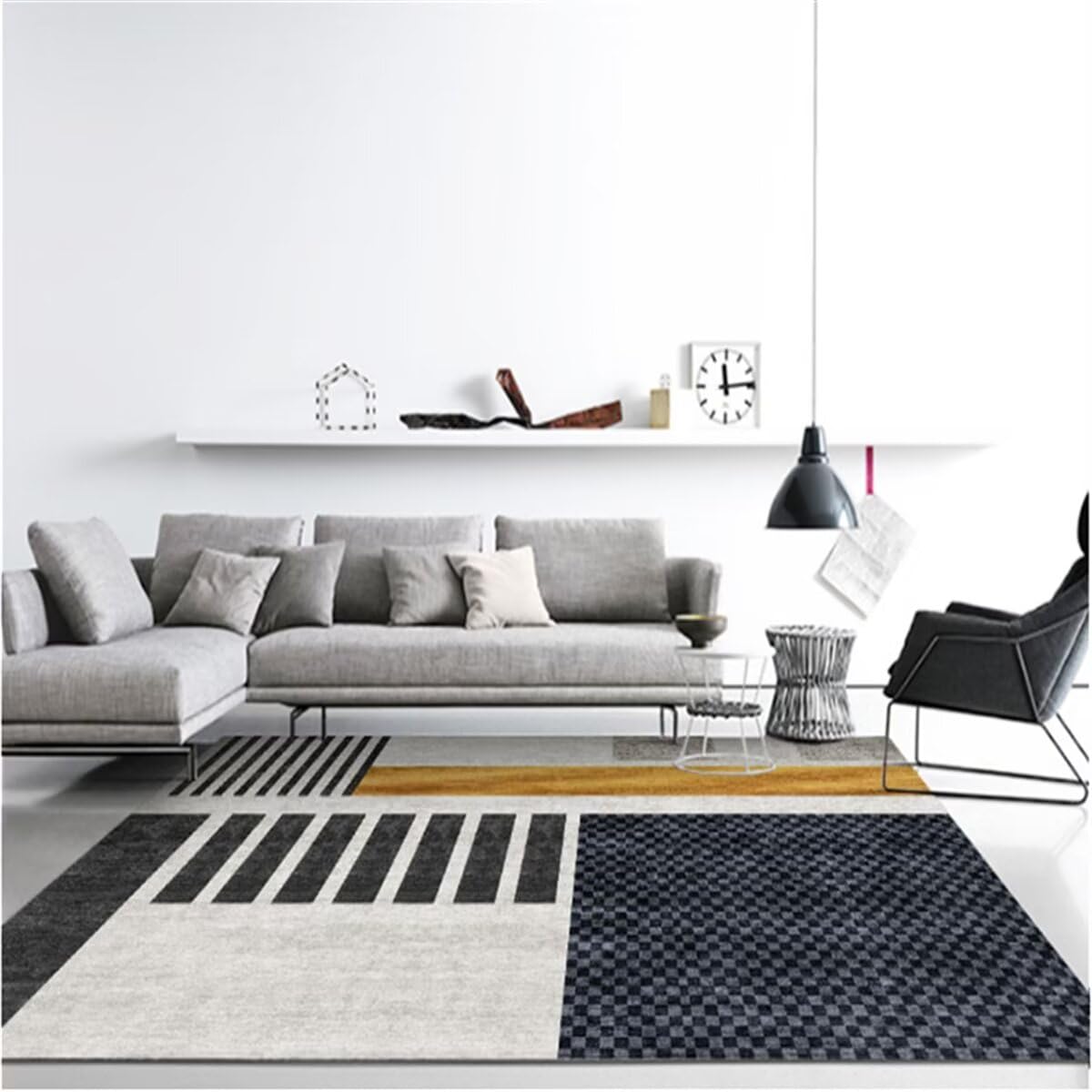 Moquette salon 200X260CM avec motif géométrique gris lavable en machine pour grand espace