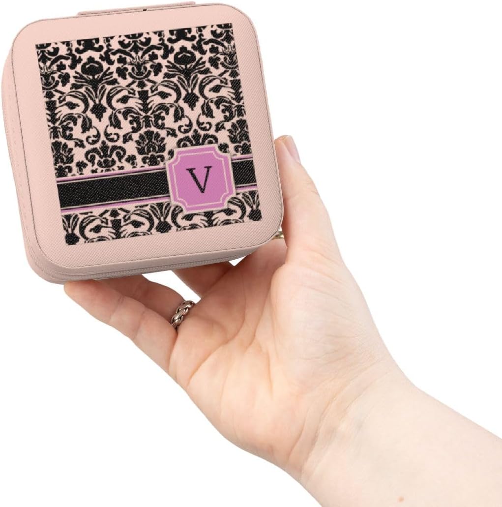 3dRose Personal initial V monogrammed pink black and white damask pattern girly stylish personalized letter Jewelry Travel Case Pink