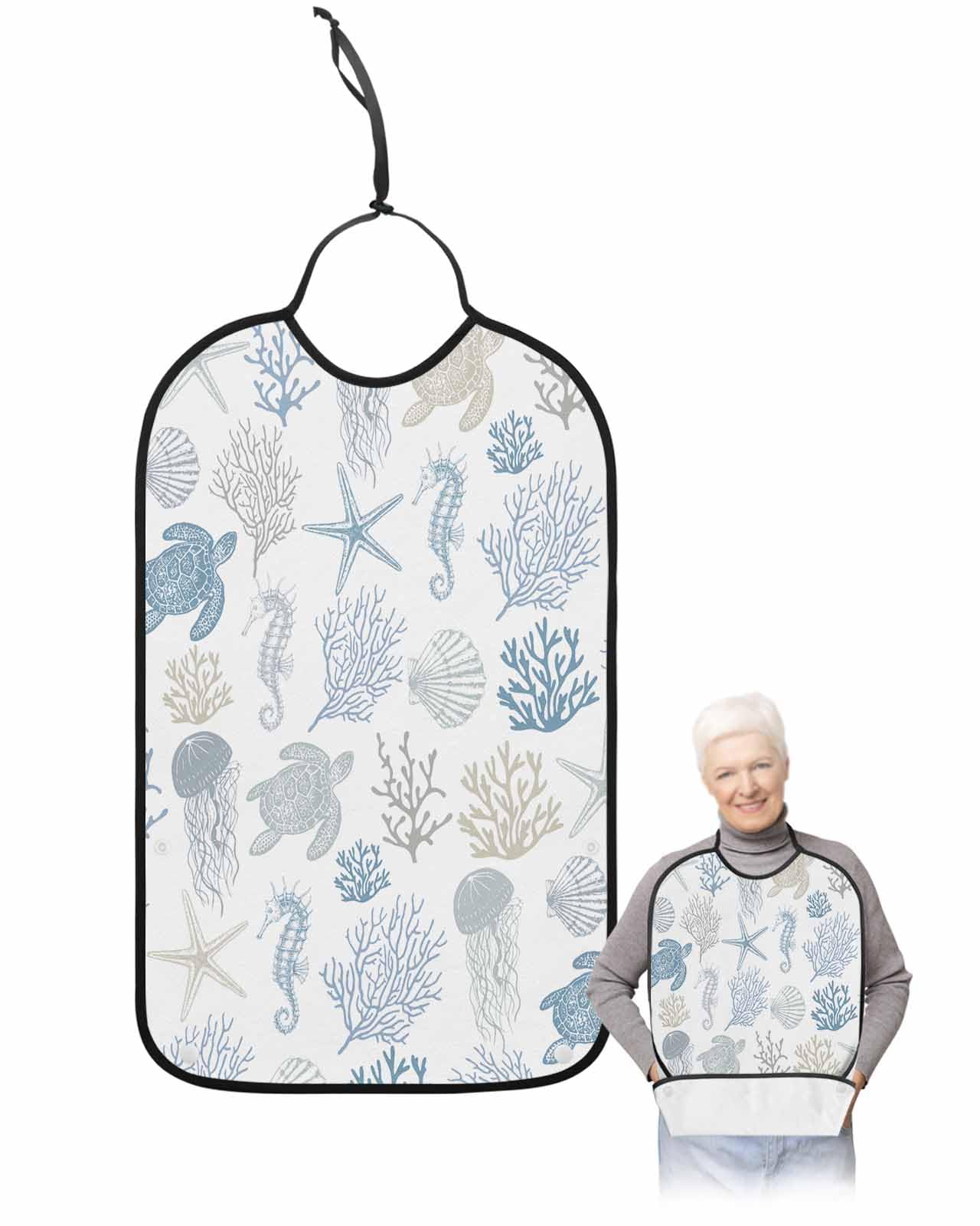 LEOKOTI Blue Coastal Adult Bibs for Eating, Waterproof Bibs with Food Catcher & Adjustable Snap Closure, Nautical Summer Beach Coral Sea Turtle Washable Clothing Protectors Adult Bibs for Elderly