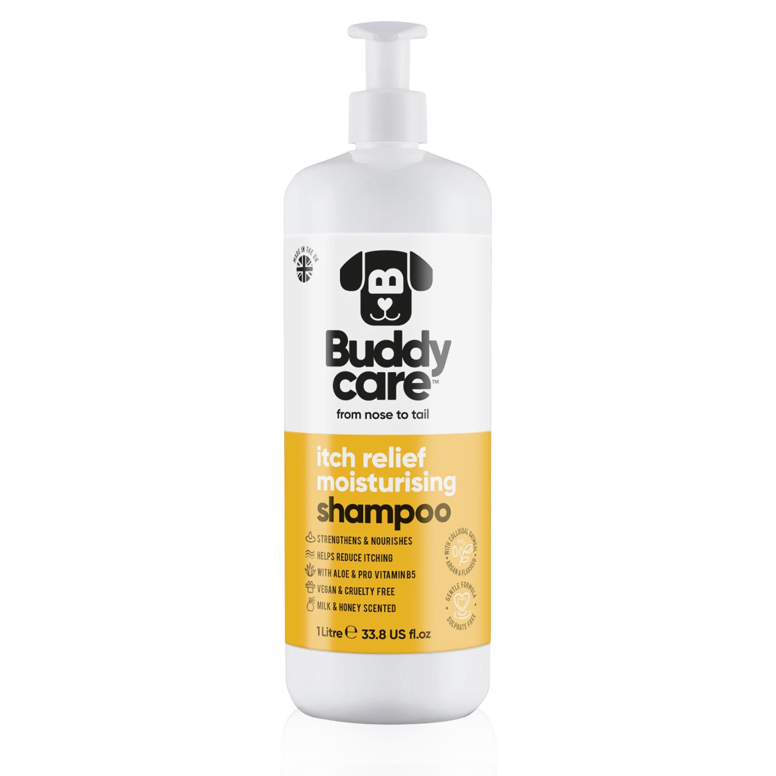 Itch Relief Moisturising Dog Shampoo by Buddycare | Deep Cleansing Shampoo for Dogs | Milk & Honey Scented | With Aloe Vera and Pro Vitamin B5 (1L)