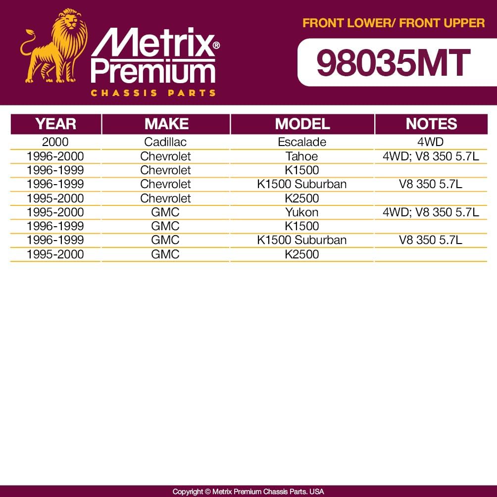 Metrix Premium Chassis Parts - 4 PC Front Upper & Front Lower Ball Joint Kit Fits 96-00 Chevrolet Tahoe 4WD, 96-99 K1500, 96-99 K1500, 96-99 K1500 Suburban, 95-00 K2500, K6509, K6292, Made in Europe