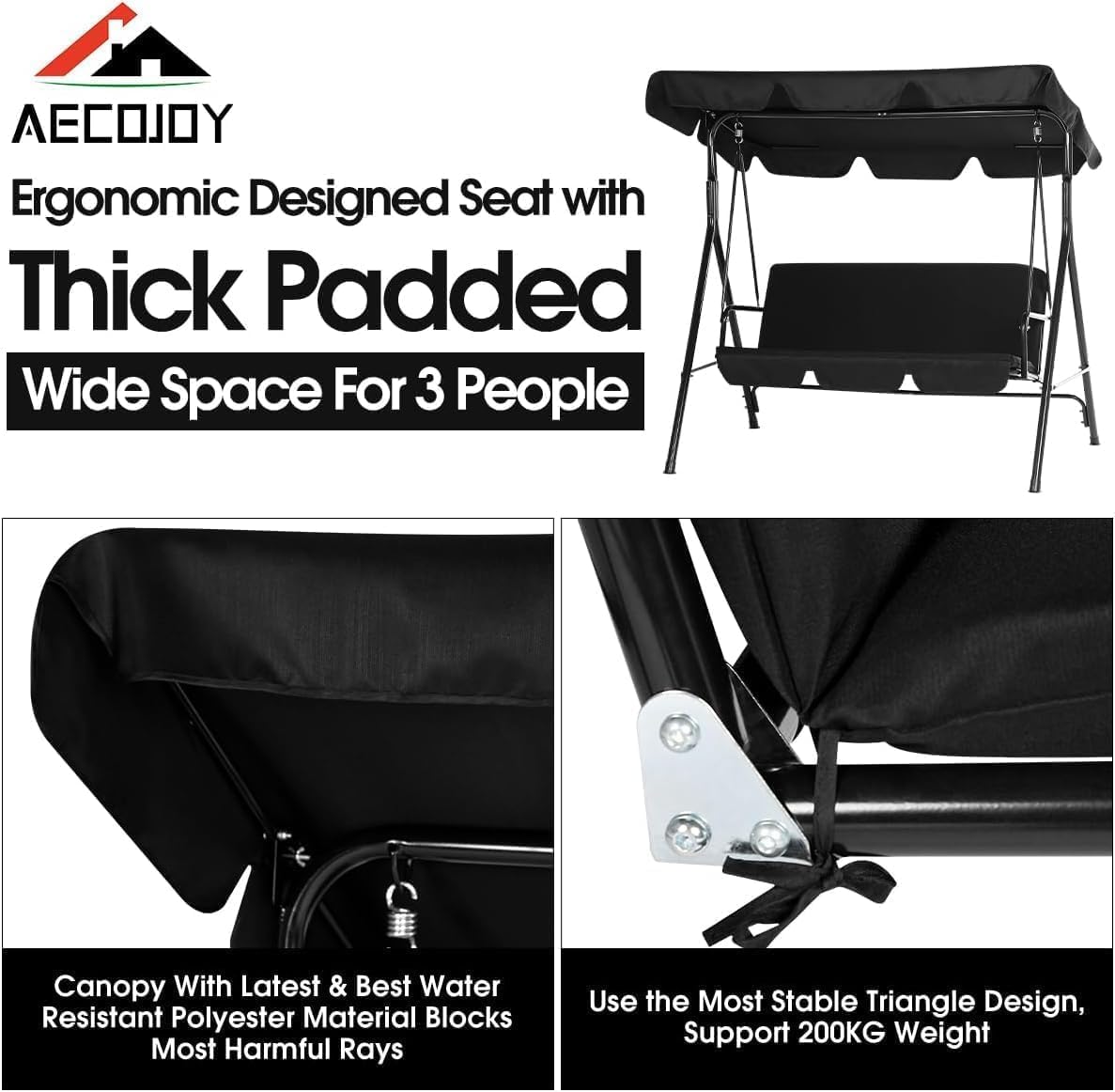 AECOJOY Porch Swing with Stand, Outdoor Swings for Adults, 3-Seat Outdoor Swing with Canopy, Outside Swing Bench with Removable Cushion, Suitable for Backyard, Garden, Yard, Poolside, Balcony (Black)