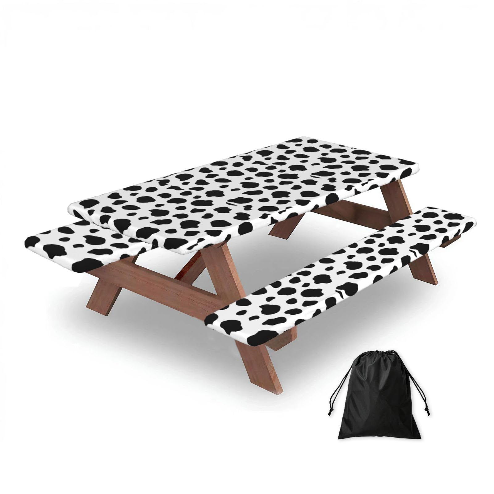 Dopklna As Picture Cow Spots, Picnic Table Cover With Bench Covers -Waterproof Elastic Fitted Tablecloth For Garden Camping Patio 76X152cm