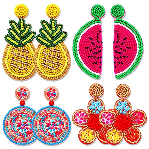 4 Pairs Beaded Earrings for Women Boho Geometric Beaded Dangle Earrings Statement Pineapple Flower Drop Earrings Colorful Summer Earrings Set Jewelry Gift (Style A)