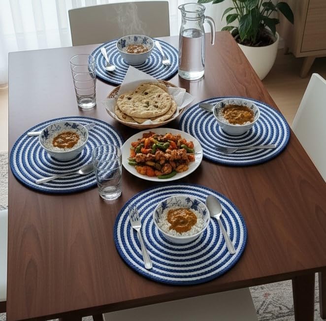 Image of Cotton Rope Placemats, Round Red with White Border, Set of 4, Heat Resistant Table Mats (Blue White)