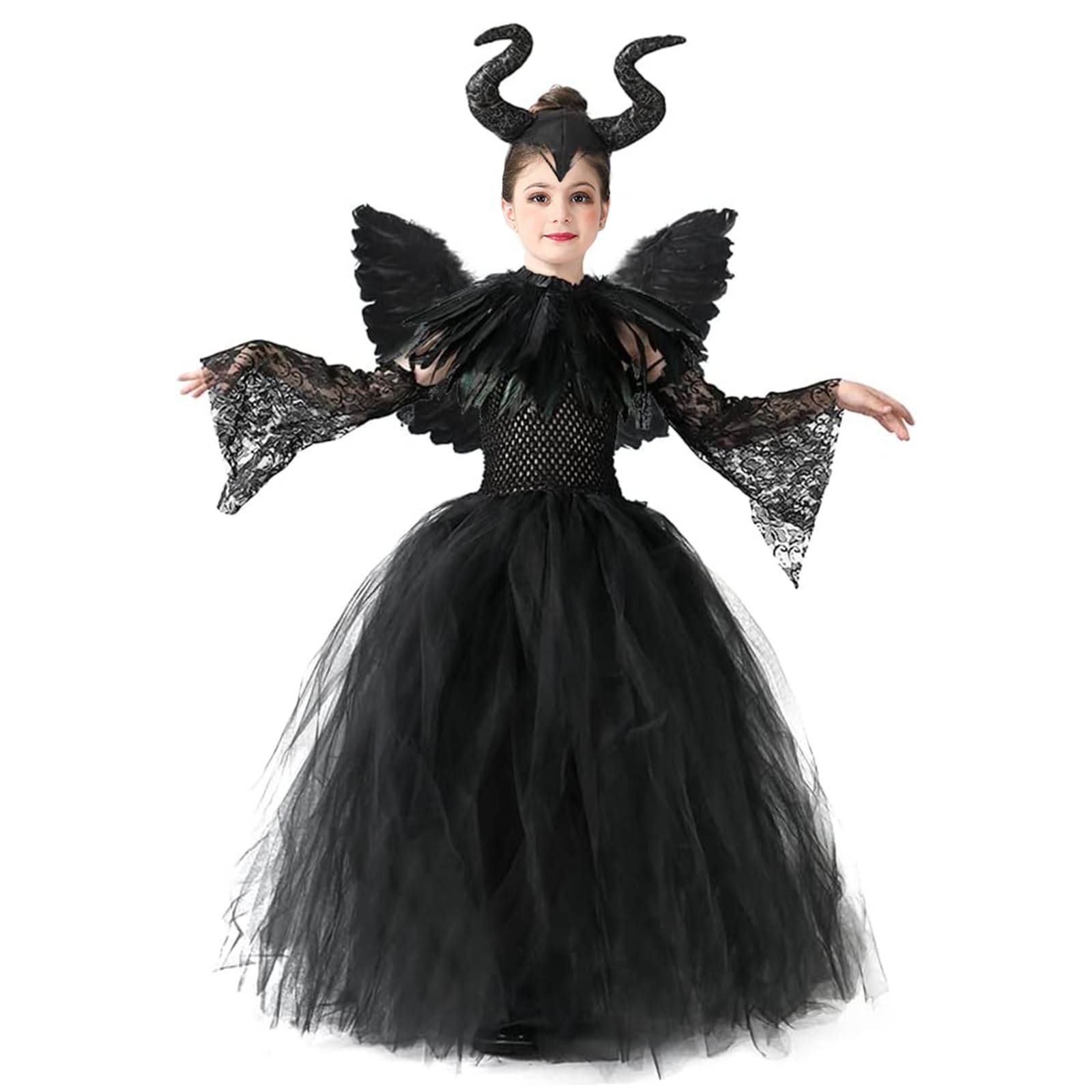 Disfraz de Malefica para Niña de Halloween: Reina Bruja Malvada Vestido Maléfica para Niños con Tocado de Cuernos y Capa de Alas Negras para Halloween Carnaval Cosplay Fiesta Traje