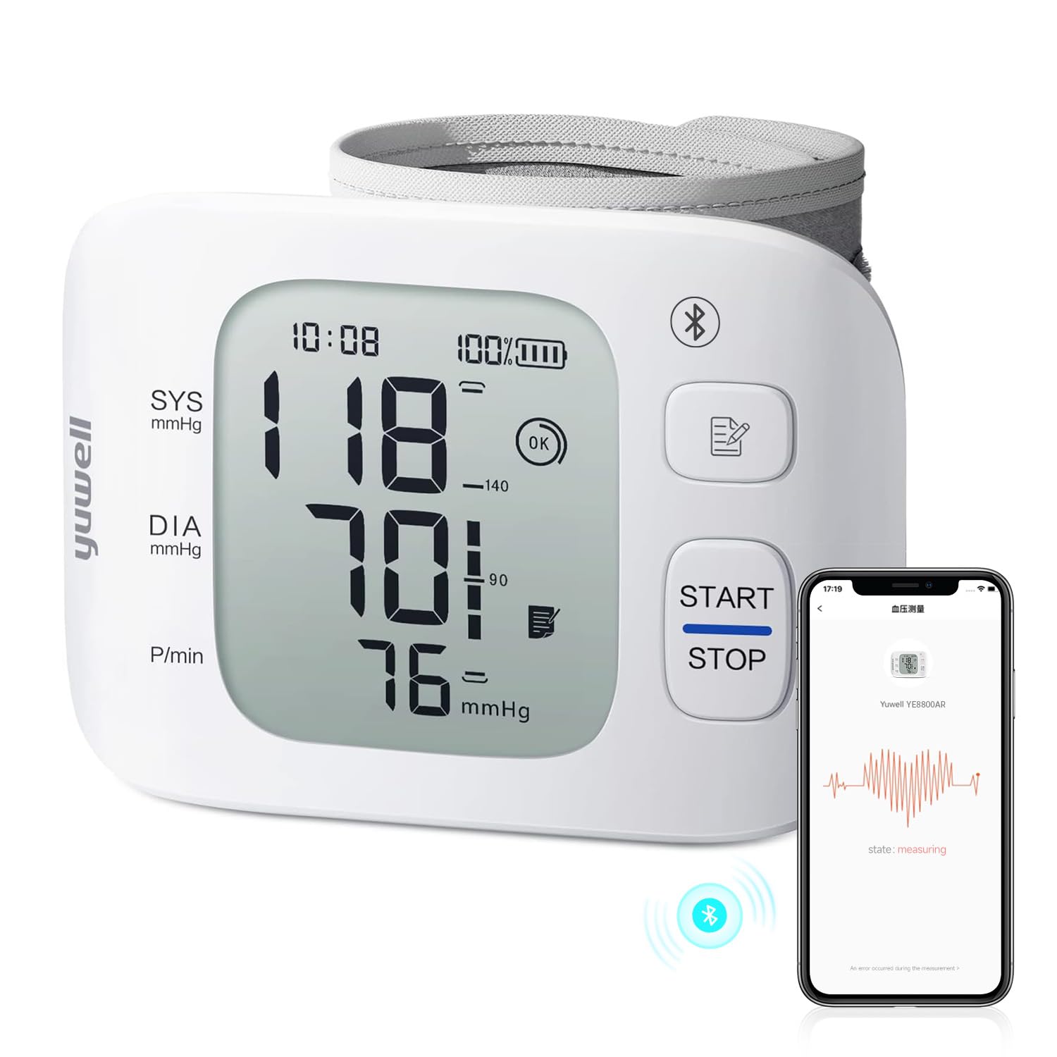 yuwell Rechargeable Wrist Blood Pressure Monitors for Home Use, Large Wrist Cuff with Irregular Heartbeat, with Bluetooth Wireless Technology to Healthcare+ App for Unlimited Free Measurements
