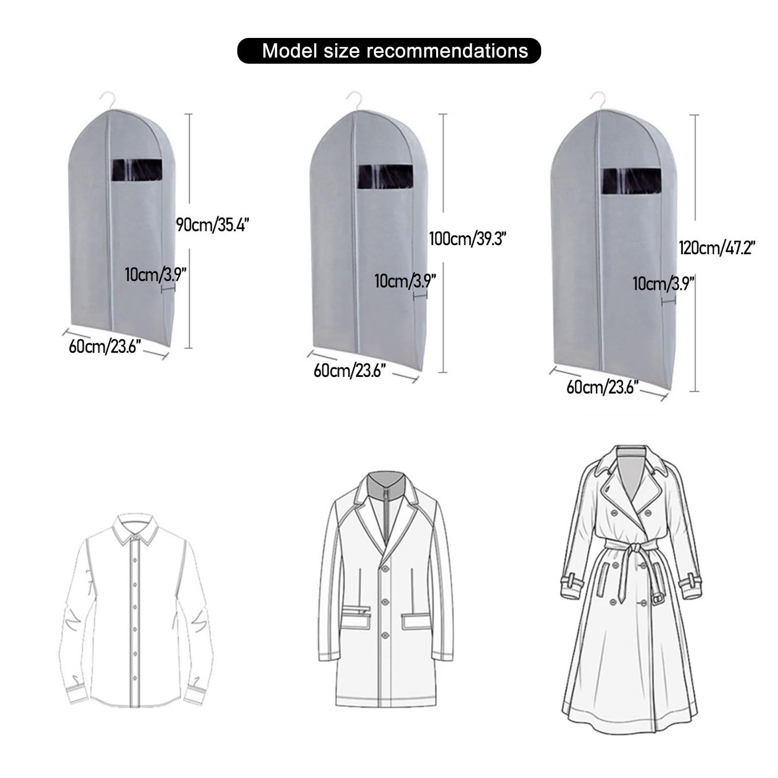 Custodie per Abiti 5 Confezioni, Borsa Porta Abiti da Viaggio, Copriabiti con Finestra in PVC Trasparente, Sacchetti per Vestiti Appesa per Maglioni, Cappotti, Vestiti(Gray,23.6x39.3in)