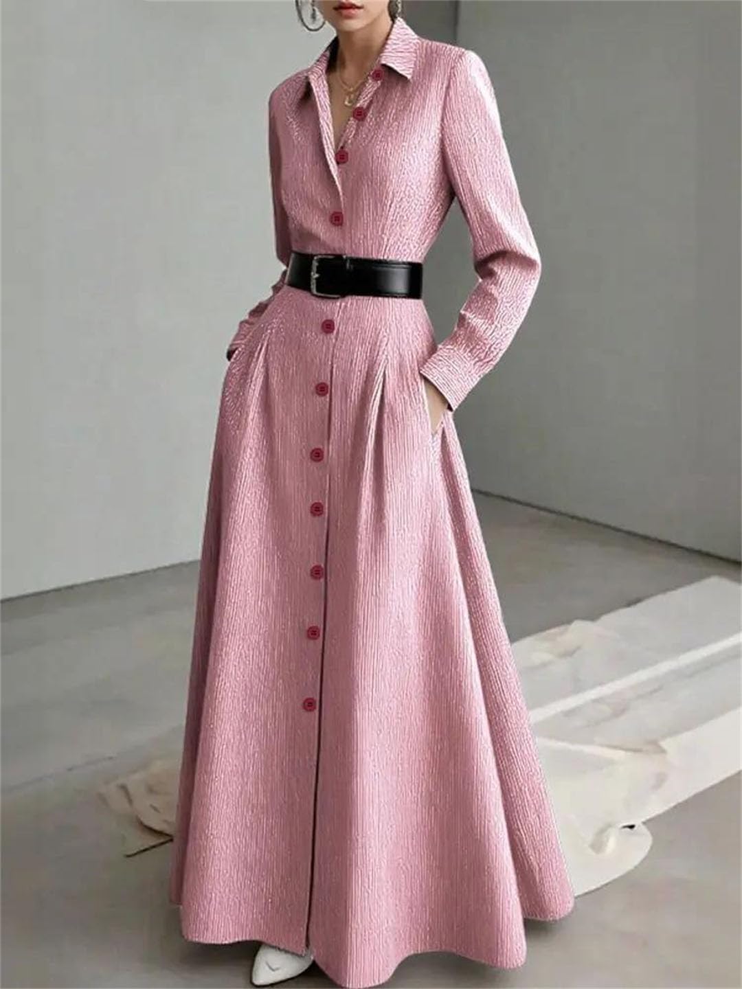 Women's Office Shirt Dress Long Sleeve Buttons Up Robe Stripe A Line
