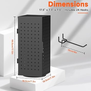 Alyoen Rotating Pegboard Display Stand With 24 Hooks - Metal Spinning Peg Board Organizer Accessories with Magnetic Door Design, Magnet Display Stand for Keychain, Jewelry, Earring(Black)