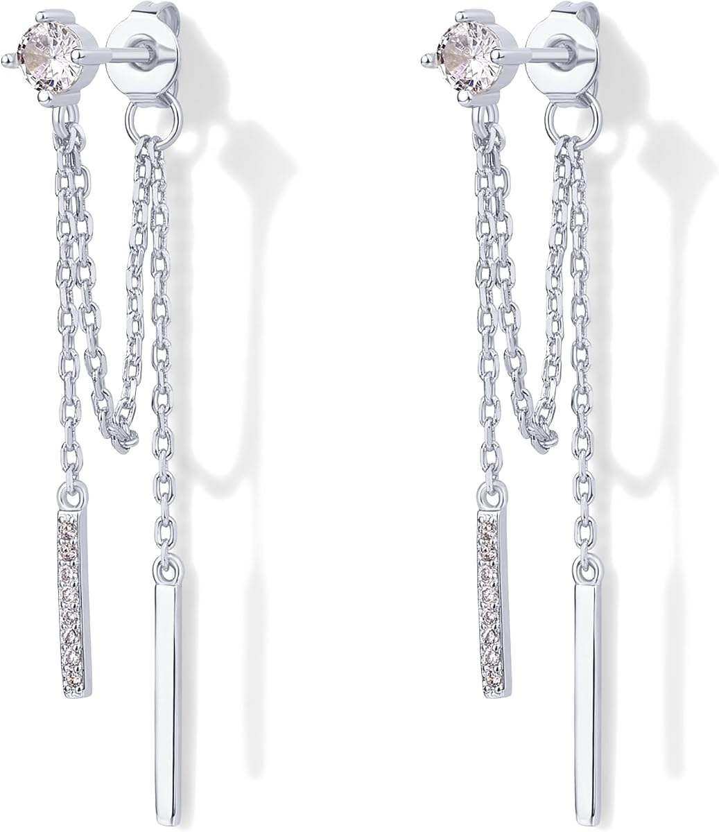 PAVOI Pendientes de cadena colgantes chapados en oro de 18 quilates para mujer, pendientes de cadena colgantes | Pendientes hipoalergénicos con postes de plata de ley 925, pendientes modernos de circonita cúbica y enhebrador de bolas