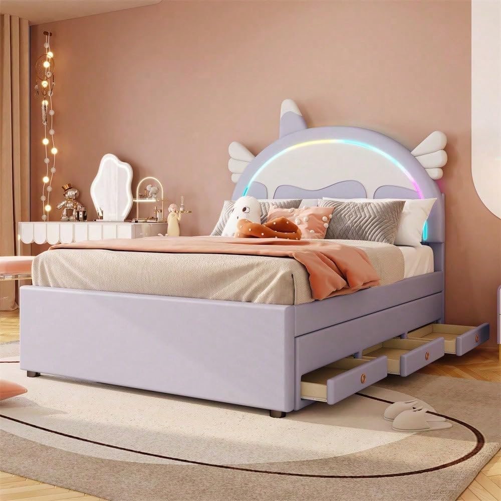 Bed with three integrated storage drawers pulled out