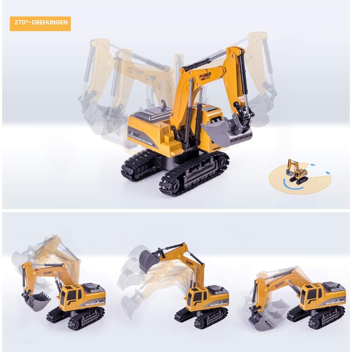 Highttoy Ferngesteuerter Bagger Kinder, 6 Kanal RC Bagger Traktor Spielzeug ab 3 4 5 6 7 8 Jahre Jungen Geschenk, 1:24 Ferngesteuertes Baustellenfahrzeug LKW Spielzeug mit LED und Ton