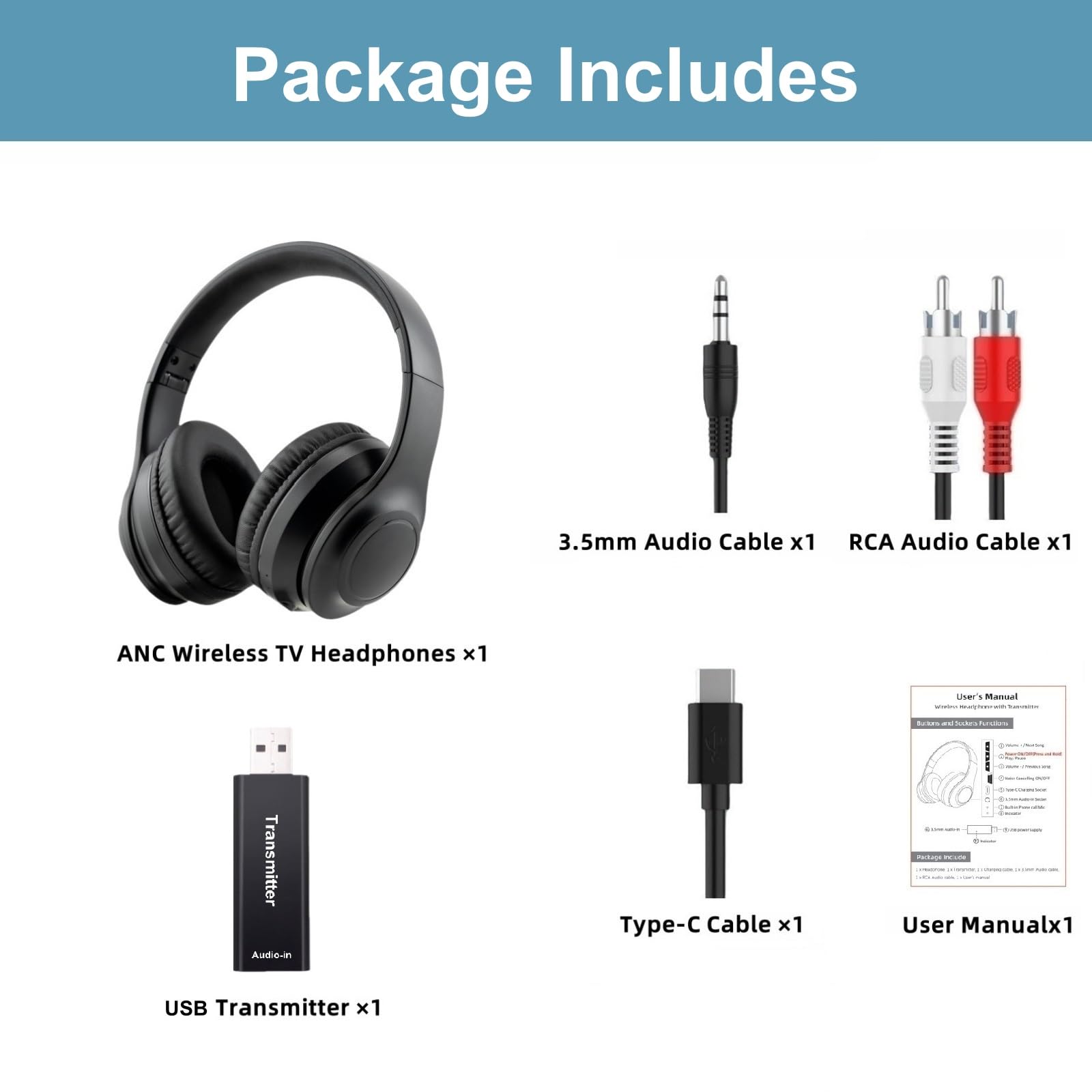 Kabellos TV-Kopfhörer für Senioren mit ANC, Bluetooth 5.3 & 3-in-1-Sender (USB/RCA/AUX) für Nicht-Bluetooth-Fernseher, 35 Stunden Spielzeit, 220g Leicht & Faltbar, Geschenke für ältere Eltern