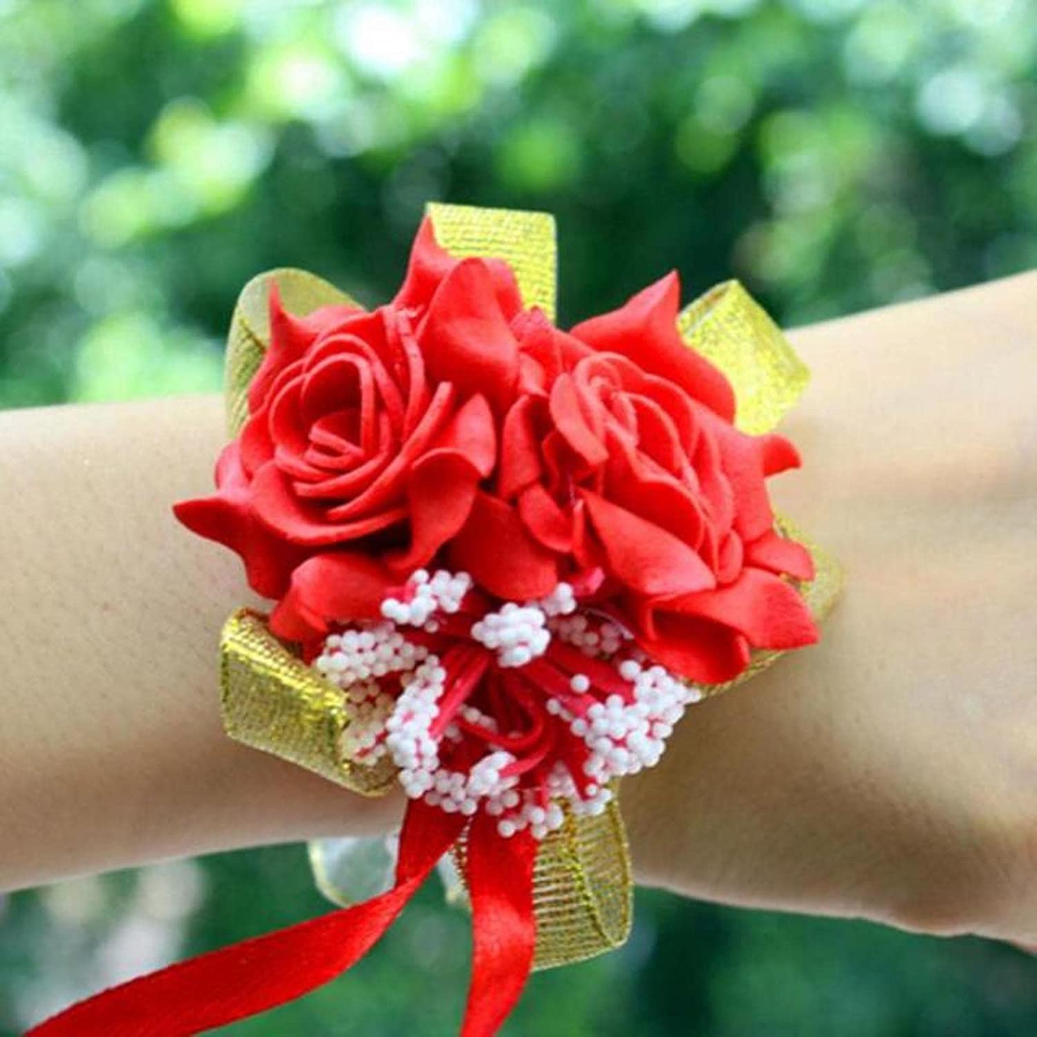 Fiori da Polso per Matrimoni, 1PC Schiuma Rosa Damigella d'Onore Polso Corsage Braccialetto Festa di Nozze Fiore Nuziale Nastro Polso(Style 15)