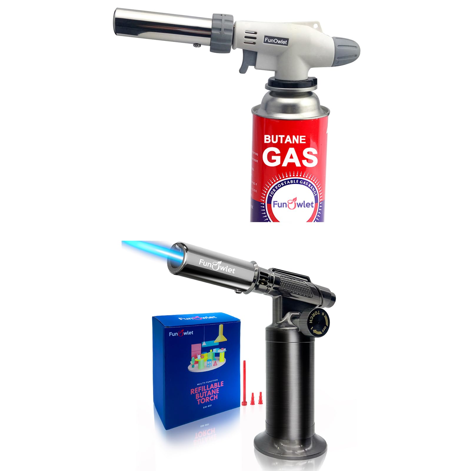 2 Pack Powerful Cooking Torch Lighter - Culinary Kitchen Torch, Sous Vide, Charcoal Lighters Campfire Starter, Flame Thrower Fire Grill Gun for Searing Steak, Creme Brulee, BBQ(Tank Not Included)