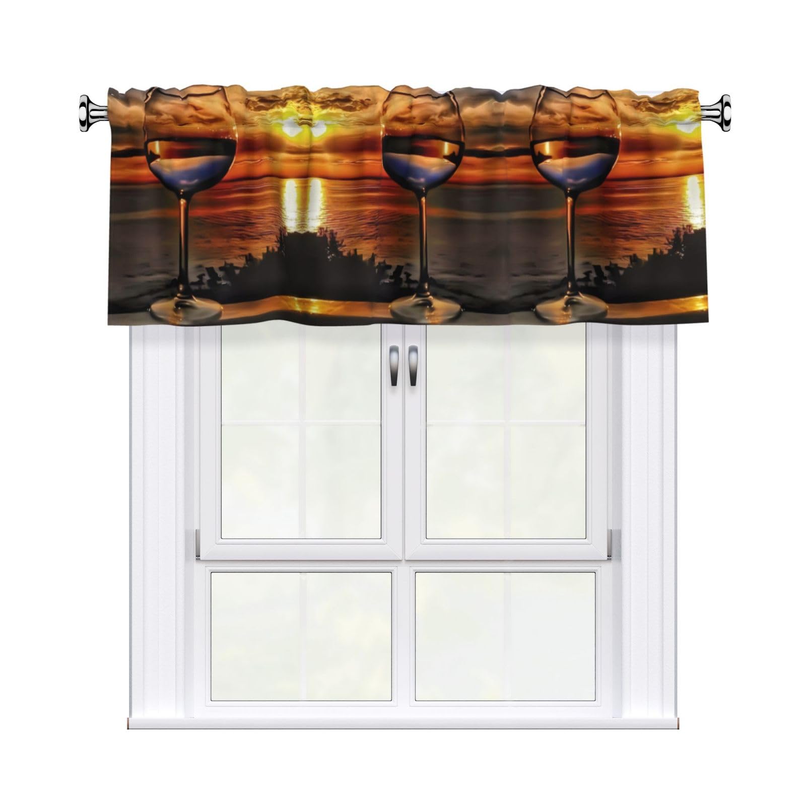 HJFCZH WHJSSF Sunset Wine Glass Prints 54x18in Curtain Valance - Peach Skin Polyester Kitchen Cover with Light Filtering Floral & 3" Rod Pocket