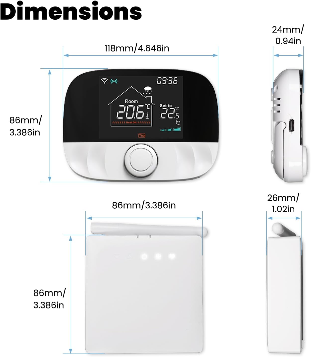 Diagram showing the dimensions of the thermostat and receiver units.