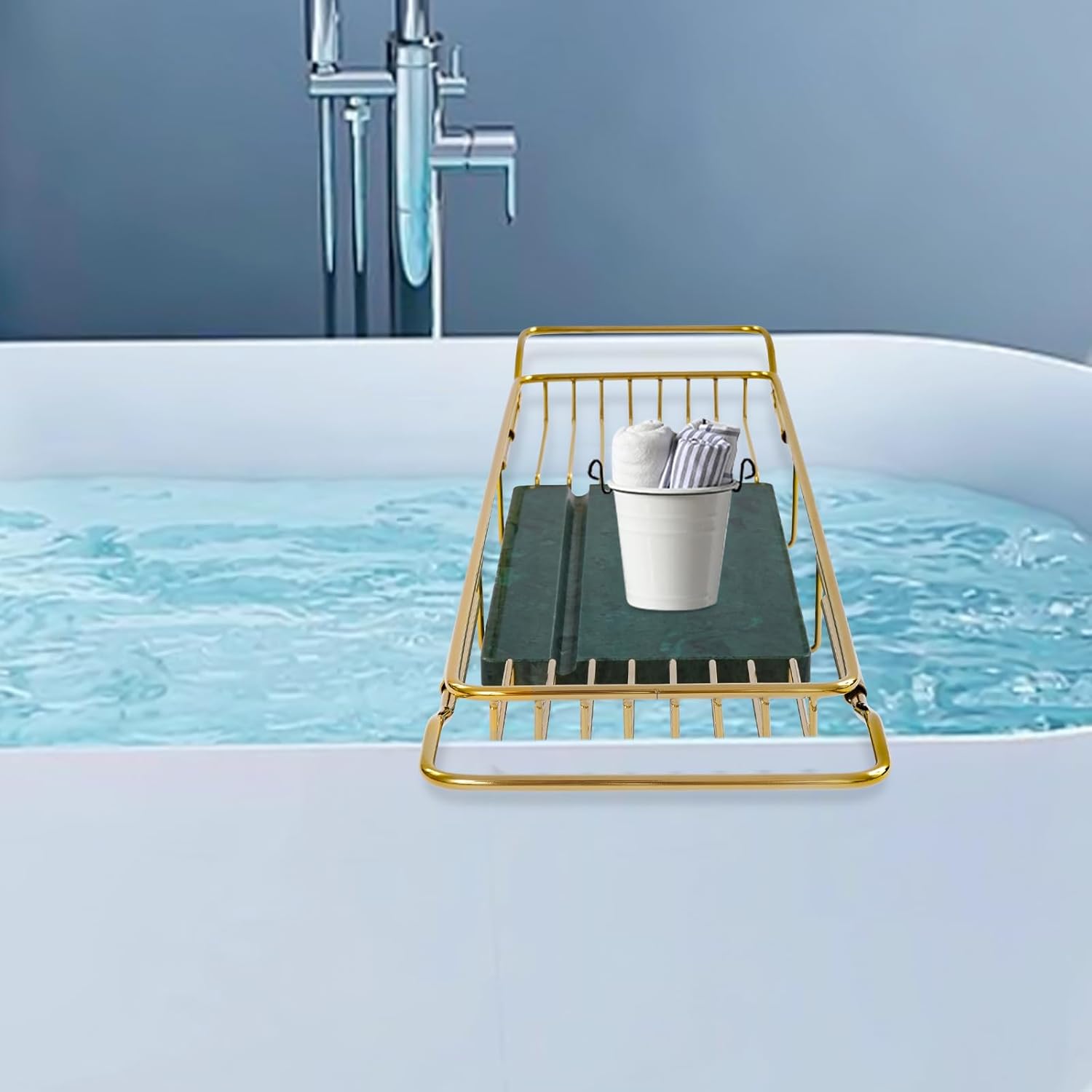 Xuthusman Bathtub Tray with Marble Board,Stainless Steel Bath Shelf Expandable Bathtub Bathroom Accessories for Bathroom Kitchen Sink (Gold+Green)
