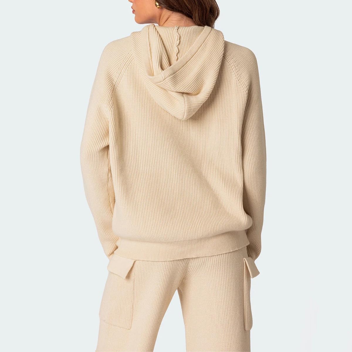 LANGWEI Conjunto Deportivo Para Mujer Ropa De Calle De Punto Cálido Conjunto De 2 Piezas Suéter Con Capucha Pantalón De Pierna Ancha Con Bolsillos