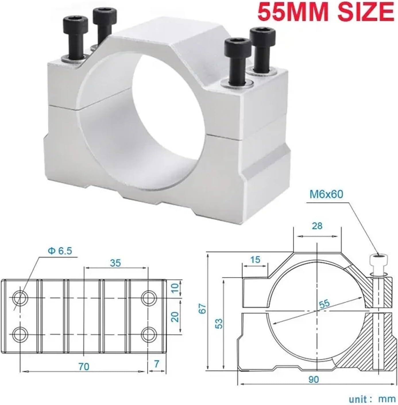 45mm 52mm 55mm 65mm Aluminum Spindle Clamp Motor Bracket for CNC Engraving Router Machine Motor Mounting Holder(55mm clamp)
