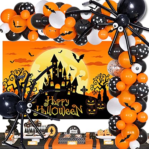 DUGEHO Halloween Kit guirnalda arco globo 135 piezas kit globos adornos para fiestas de Halloween, con grandes globos de araña y pegatinas 3D Bat para decoración de Happy Halloween Decor Cover