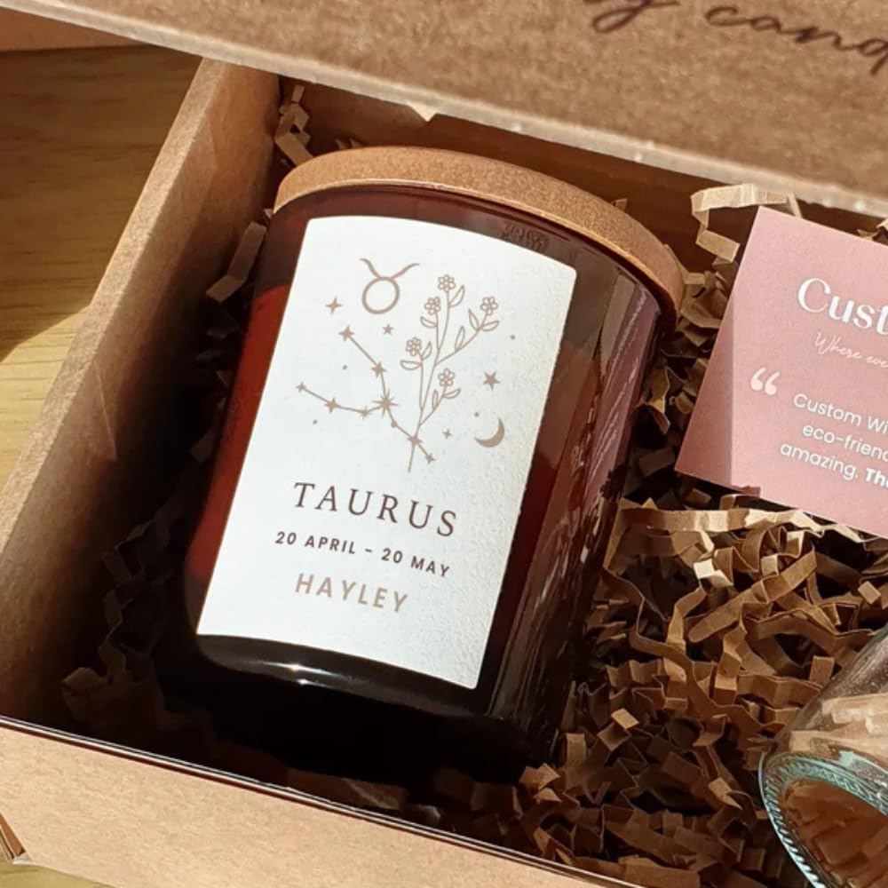 Custom Wicks Amber Taurus Custom Zodiac Candle – Personalised Taurus Birthday Gift For Him Or Her – Astrology Candle With Star Sign Traits – Luxury Gift Box By Custom Wicks™