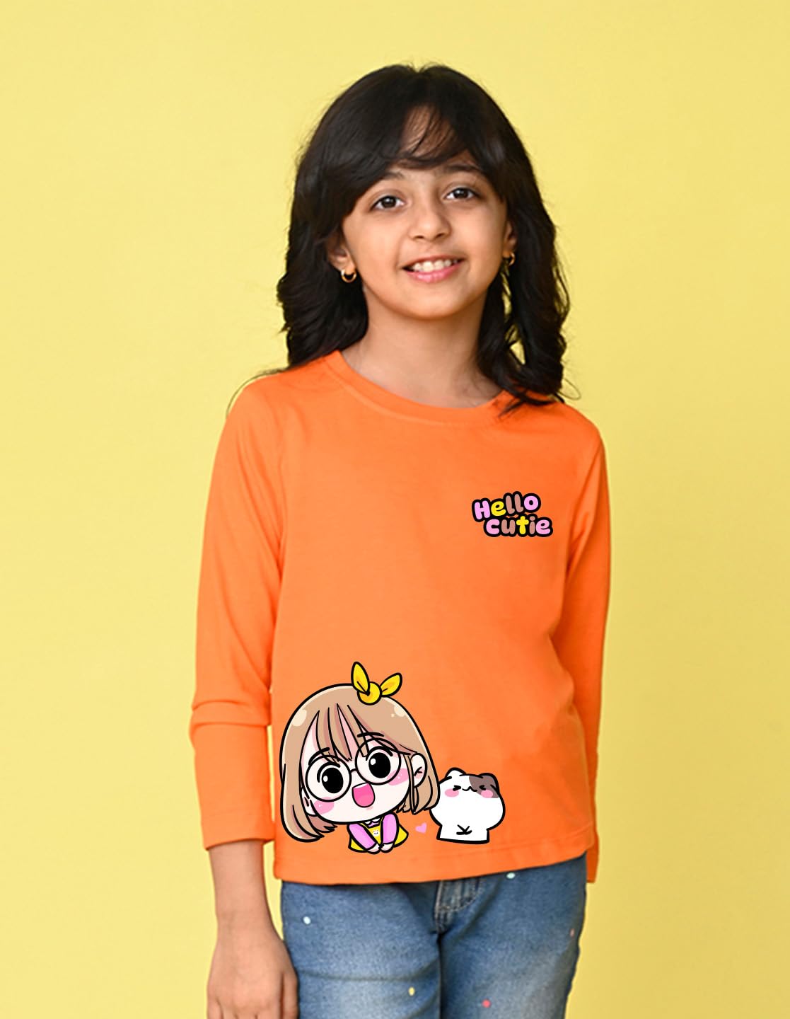 Nusyl Hello Cutie - T-shirt in cotone a maniche lunghe con stampa con testo per ragazze, magliette a girocollo a costine, maglietta casual, colori di stampa a lunga durata |
