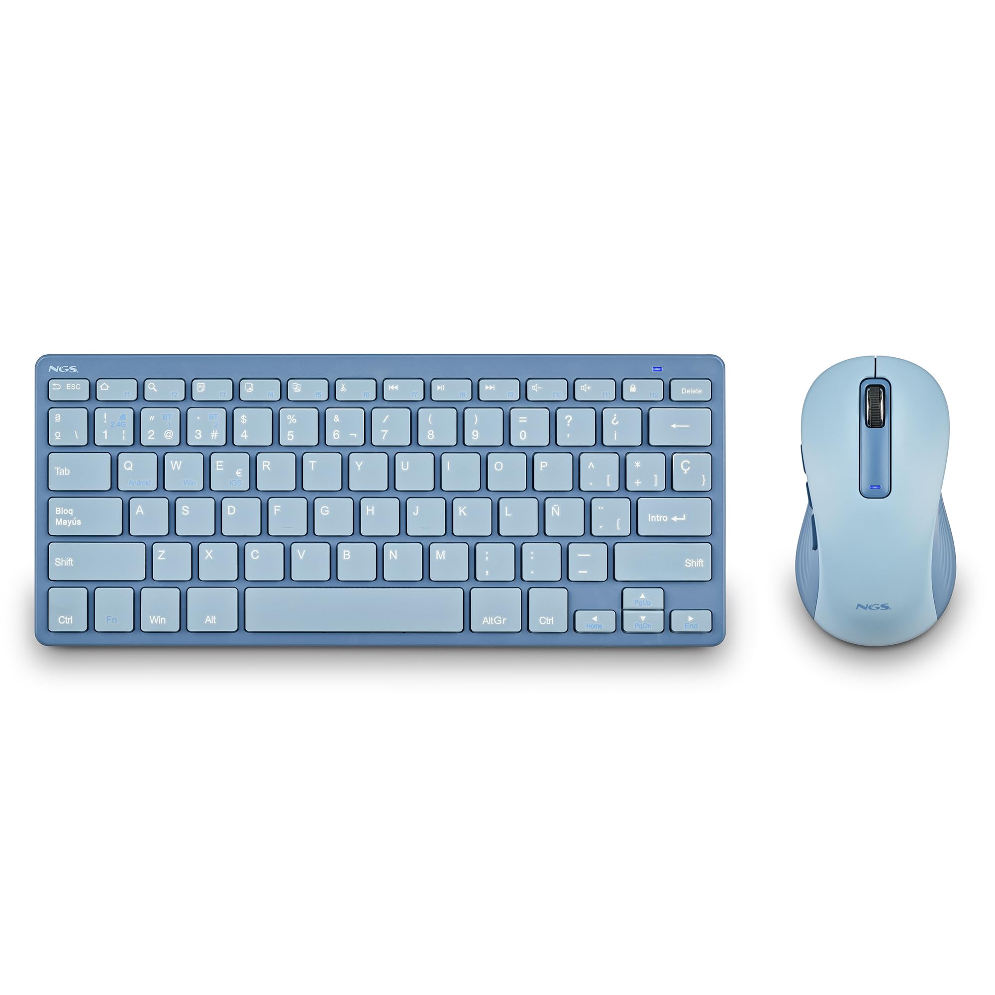 NGS Fantasy Kit Bleu Combo Clavier et Souris Langue Française AZERTY Rechargeable sans Fil Silencieux Multimode (2,4 GHz/BT1/BT2), 12 Touches multimédia, dpi réglable, Compatible avec PC/Mac/Tablets