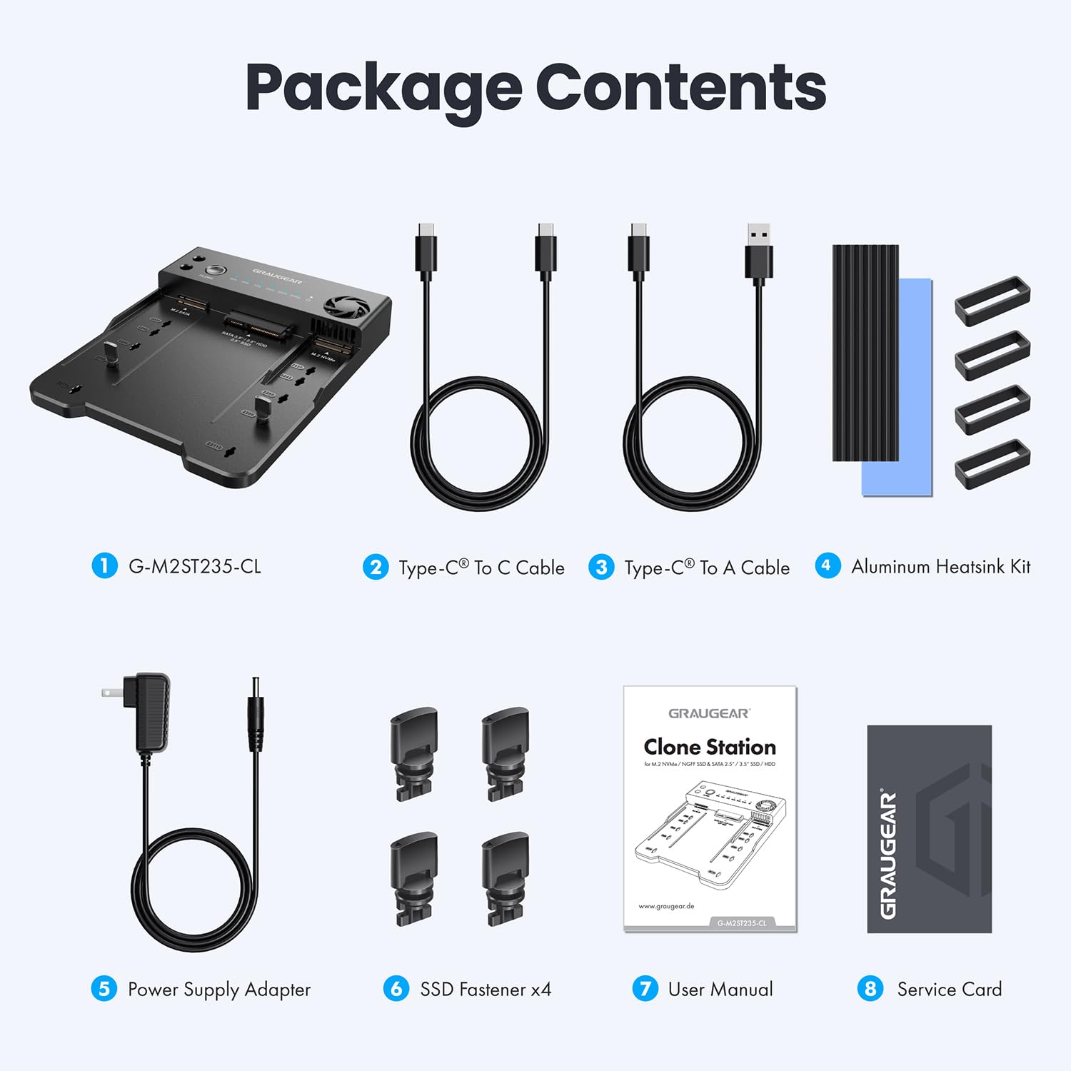 GRAUGEAR Bidirektionale Clone Station für M2 NVMe SSD M.2, SATA SSD, 2,5"/3,5" Festplatte [Bidirektional Klonen] Docking Station I NVMe Klonstation I Externe SSD I Festplatten Dockingstation I Lüfter