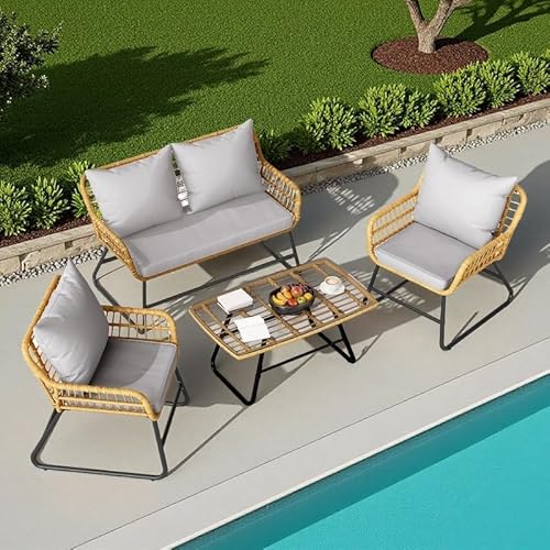 YITAHOME Outdoor Conversation Set 4 Piece, Outdoor Wicker Bistro Set with Removable Cushion, Rattan Patio Loveseat Sets for Garden, Backyard, and Deck,Armchairs, Glass Side Table, Light Gray & Beige