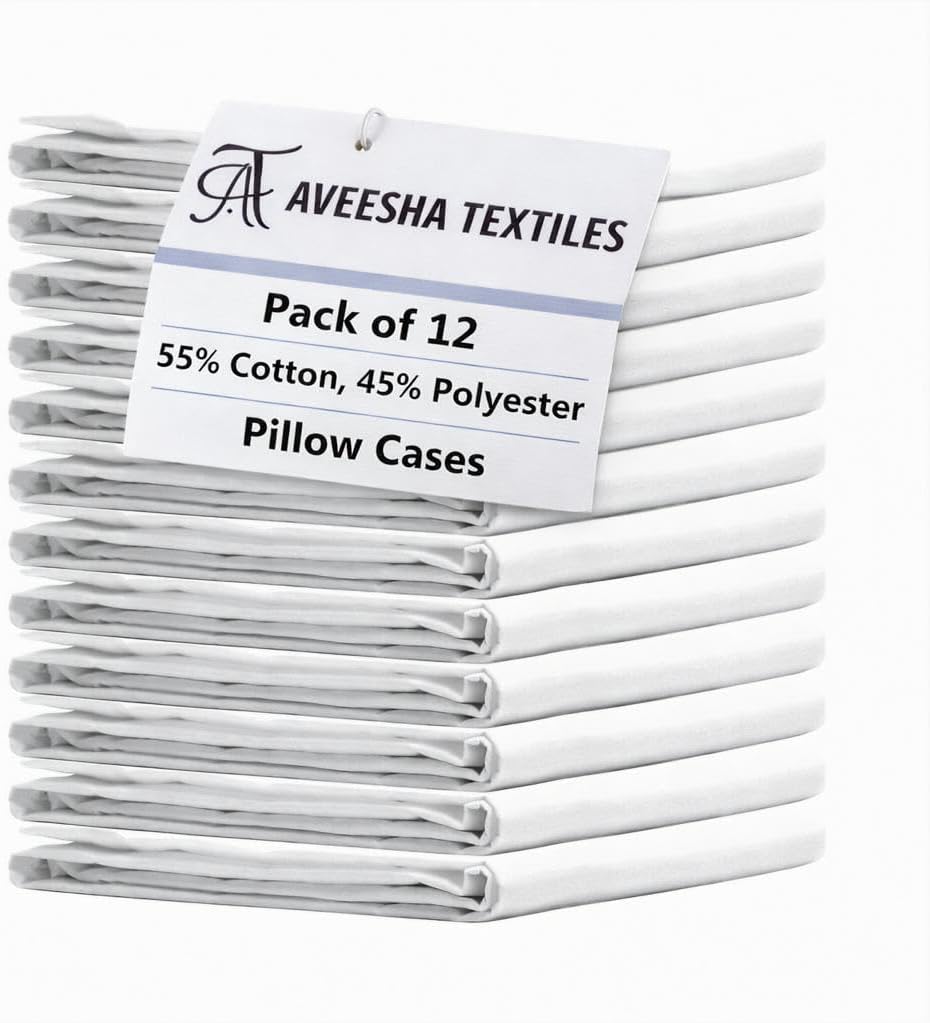 Aveesha 12 Pack Poly Cotton Pillow Cases - White Pillowcases - 180 Thread Count Percale Weave Pillow Covers - Perfect for Home, Hotels and Hospital Use (Queen 20" x 30")