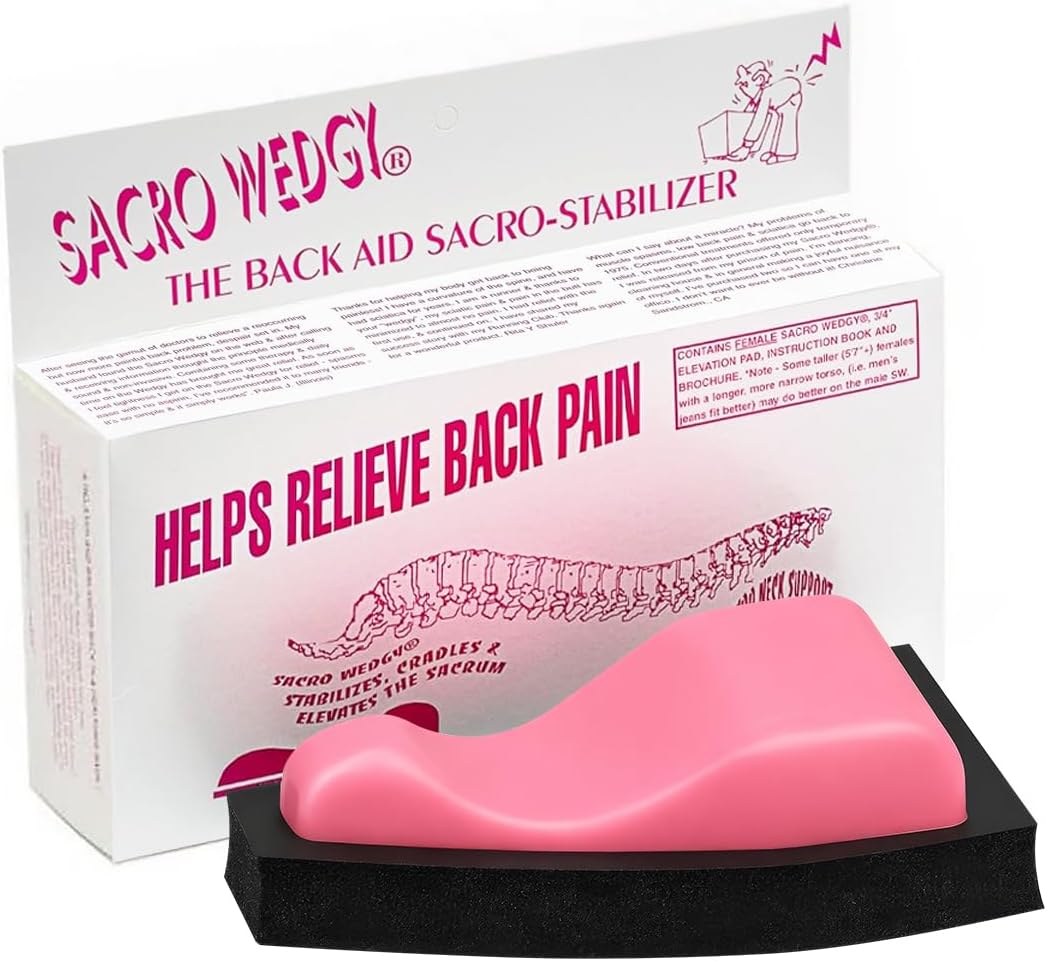 Sacro Wedgy® Female Sacrum Support Wedge – Contoured Sacral Positioning Tool with 3/4" Elevation Pad & Instruction Booklet – For Stretching, Mobility & Relaxation Routines