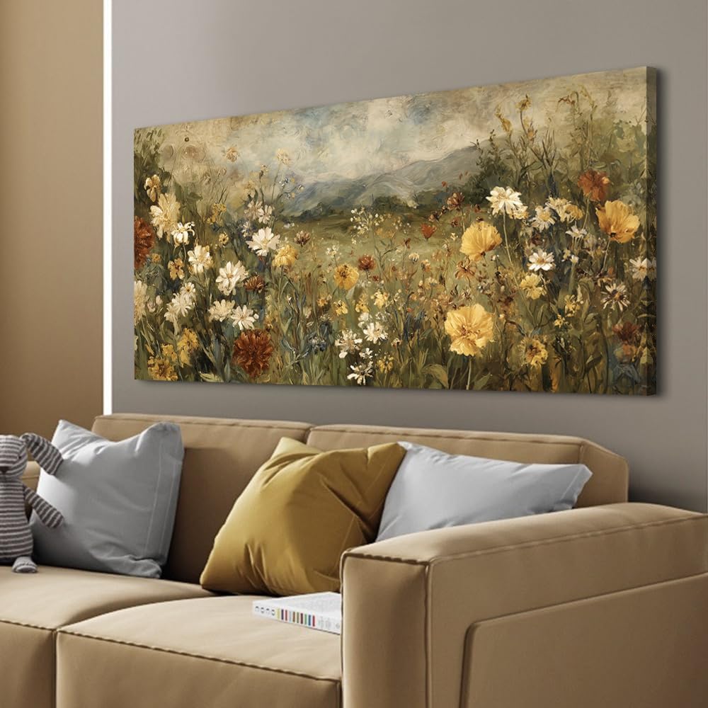 BewDalky Vintage Wildflower Landscape Canvas Wall Art Classical Flowers Botanical Wall Decor Paintings Rustic Nature Floral Pictures Artwork Prints for Living Room Bedroom Bathroom Farmhouse 20" x 40"