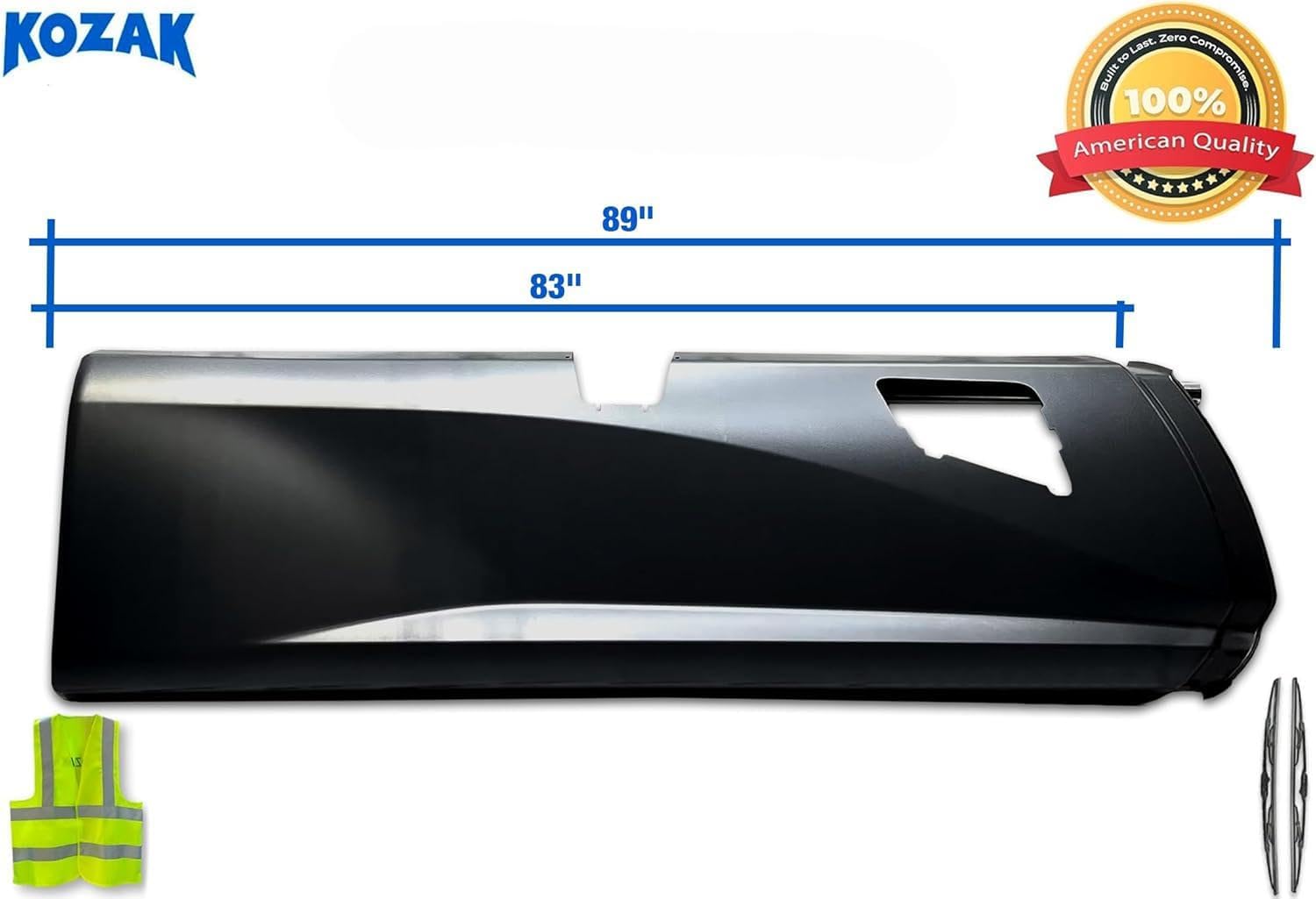 KOZAK Partial Fairing Assembly, Center Fairing Panel 89" w/Hole w/Bracket Right Passenger Side (A33-1216-11200) Compatible with Kenworth T680 2017-2022 Includes Logo, 2x 22" Windshield Wipers, Vest