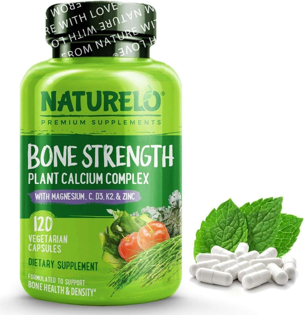 NATURELO Bone Strength – All-in-One Balanced Formula – Plant-Based Calcium, Magnesium, Potassium, Vitamin D3, K2 and Vitamin C – 120 Vegan Capsules | 1 Month Supply